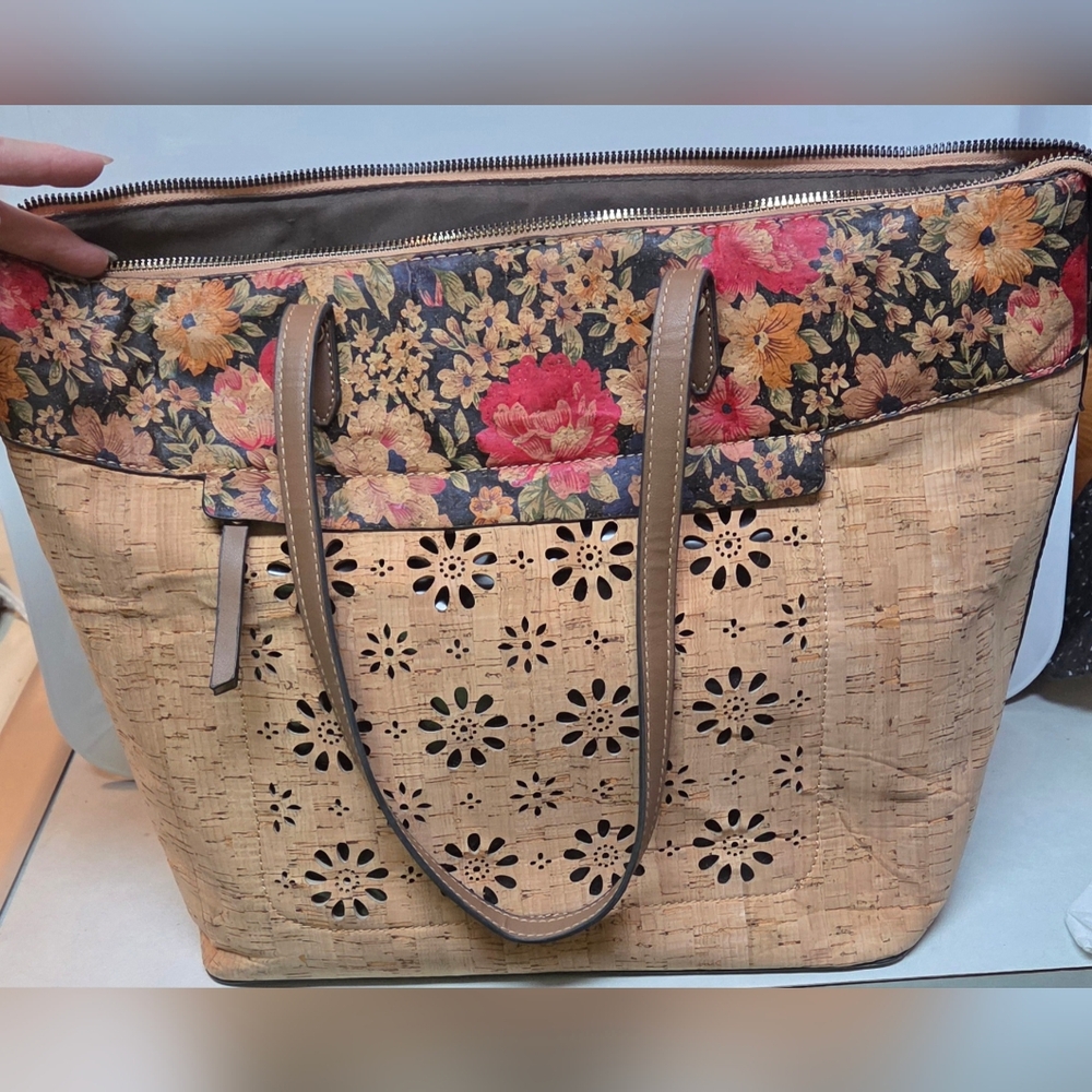Cork & Cut-Out Floral Tote Purse 16.5 X 11.5 X 5.5"